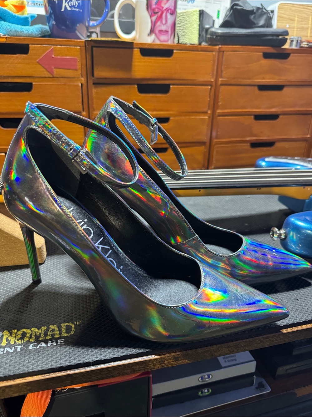 Calvin Klein Iridescent Holographic Pointed-Toe Ankle-Strap Heels